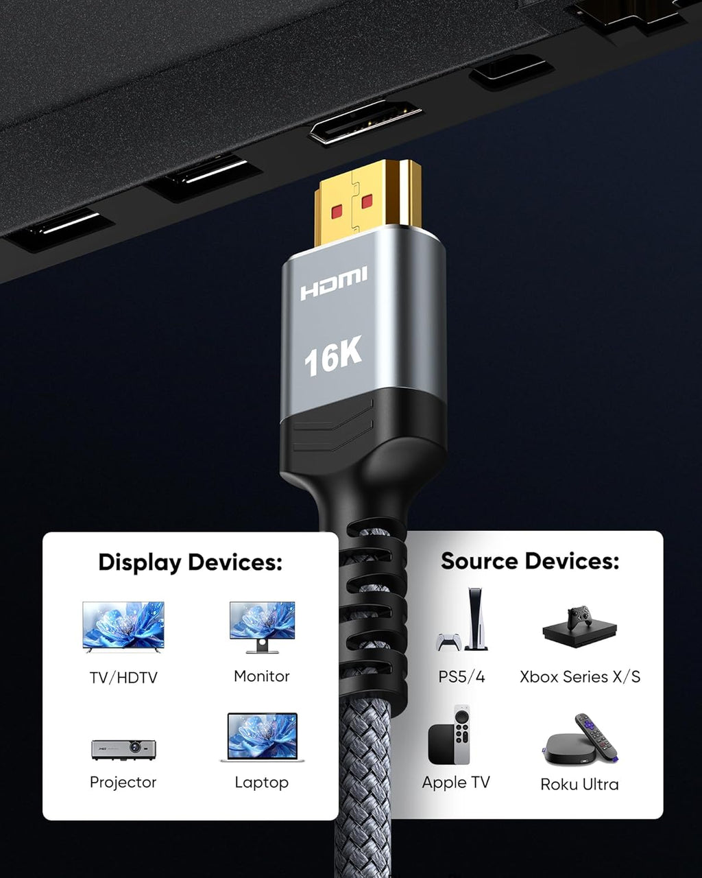 Highwings 16K 8K HDMI Cable 6.6FT, 96Gbps Ultra High Speed Braided Nylon Cord with Ethernet, Supports 16K@60Hz 8K@120Hz 4K@240Hz HDCP 2.3 & Dynamic HDR for PS5/PC/Roku TV/Blu-ray/Home Theater