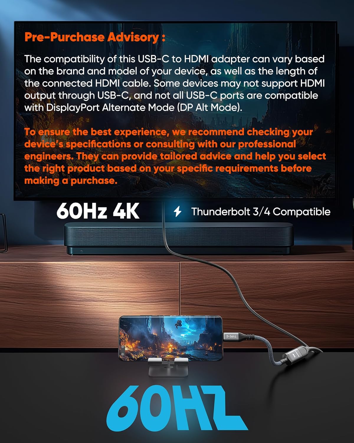 Highwings USB C to HDMI Adapter (4K@60Hz), USB Type C to HDMI Cable Adapter [High Speed, Thunderbolt 3/4 Ports], Compatible for iPhone 15/16 Pro/Max, MacBook Pro/Air, iPad, iMac and More