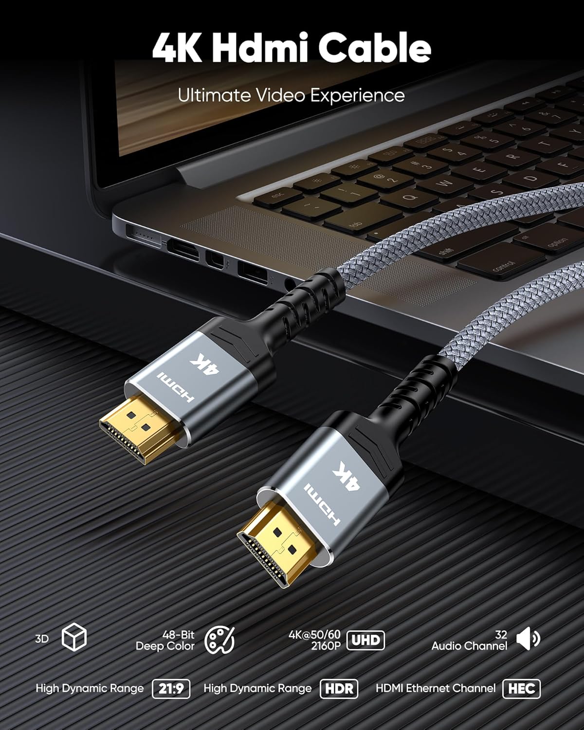 HDMI Cable 6.6 ft, Highwings 4K HDMI 2.0 Cord with High-Speed No Flickering, Nylon Braided & Gold-Plated Connectors, HDR, Ethernet, ARC, 3D, HDCP 2.2, Compatible with 4K TVs, Monitor, Streaming Device