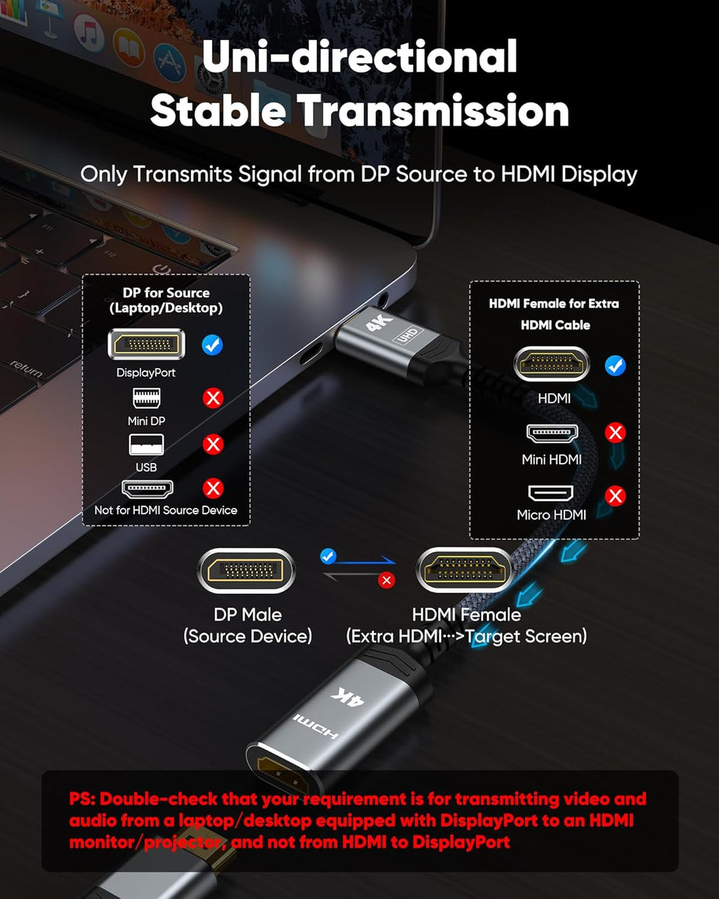 Highwings 4K Display Port to HDMI Adapter, Uni-Directional DP 1.2 Computer to HDMI 2.0 Screen, DisplayPort to HDMI Adapter (Male to Female), SR Anti-Break, No Latch, for Dell HP AMD NVIDIA, Passive