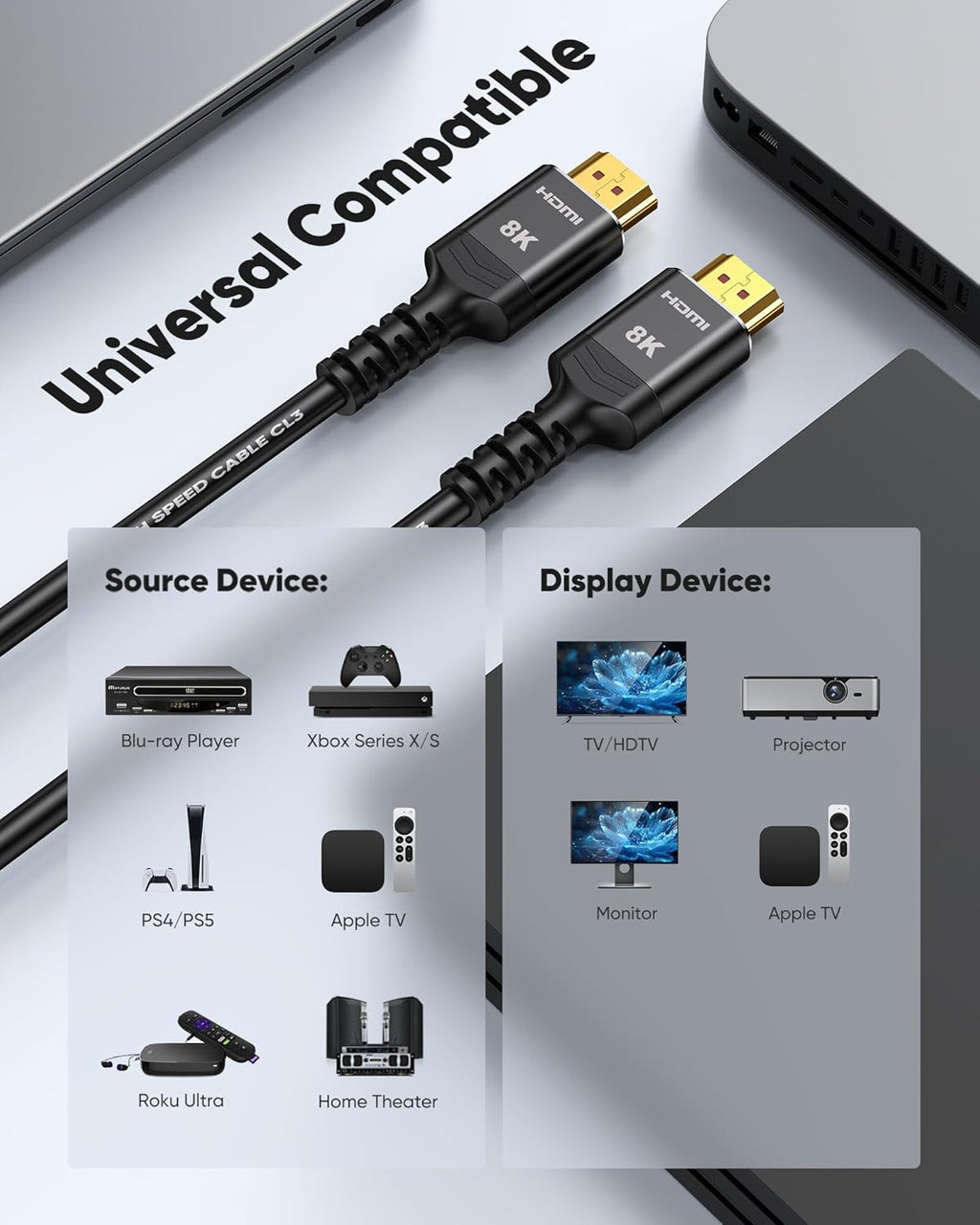 Highwings Long HDMI Cable 15 FT, 4K 8K 10K HDMI 2.1 Cord Ultra High Speed [in-Wall CL3 Rated, 8K@60Hz 4K@120Hz Video 48Gbps], Fit, Durable, Flexible, eARC, HDCP, Compatible for Ethernet SoundBar