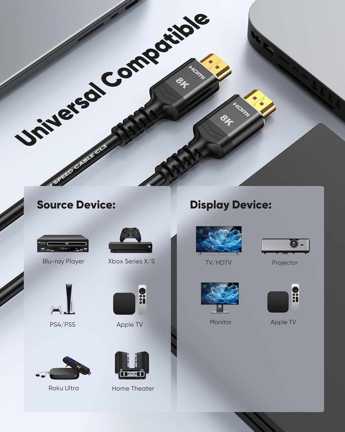 Highwings Long HDMI Cable 15 FT, 4K 8K 10K HDMI 2.1 Cord Ultra High Speed [in-Wall CL3 Rated, 8K@60Hz 4K@120Hz Video 48Gbps], Fit, Durable, Flexible, eARC, HDCP, Compatible for Ethernet SoundBar