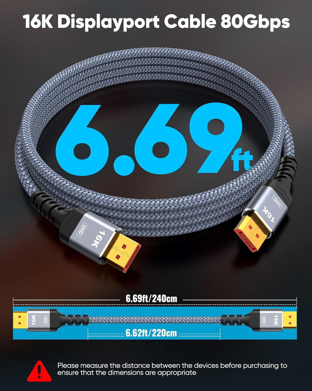 Highwings 80Gbps Displayport Cable 2.1 6.6FT, 16K@60Hz, 8K@120Hz, 4K@240Hz, DP 2.1 Cable 16K Braided Cord, Compatible with HDR10 DSC 1.2a, G-Sync FreeSync Gaming PC, Gaming Monitor 5090, AMD 7900XTX