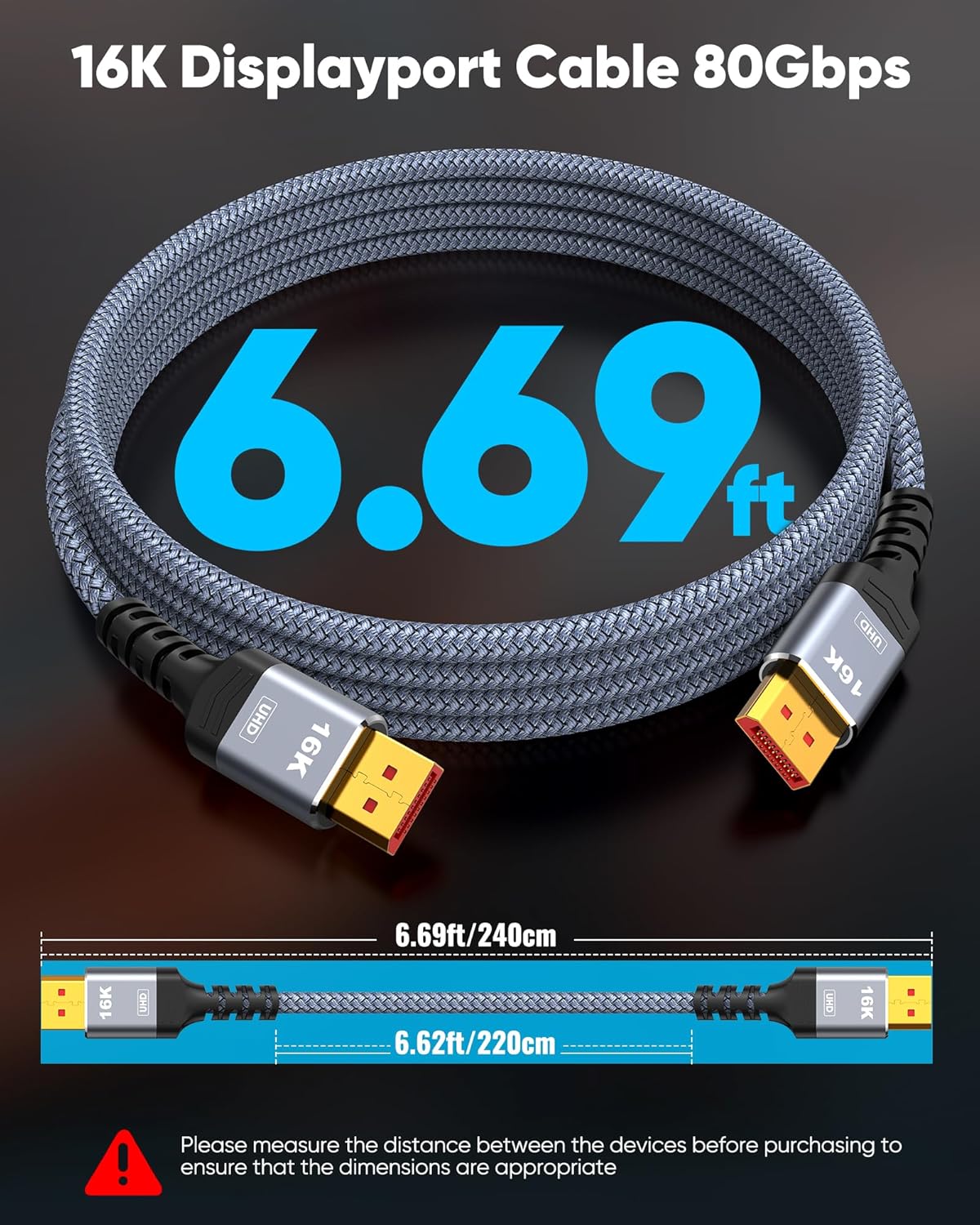 Highwings 80Gbps Displayport Cable 2.1 6.6FT, 16K@60Hz, 8K@120Hz, 4K@240Hz, DP 2.1 Cable 16K Braided Cord, Compatible with HDR10 DSC 1.2a, G-Sync FreeSync Gaming PC, Gaming Monitor 5090, AMD 7900XTX