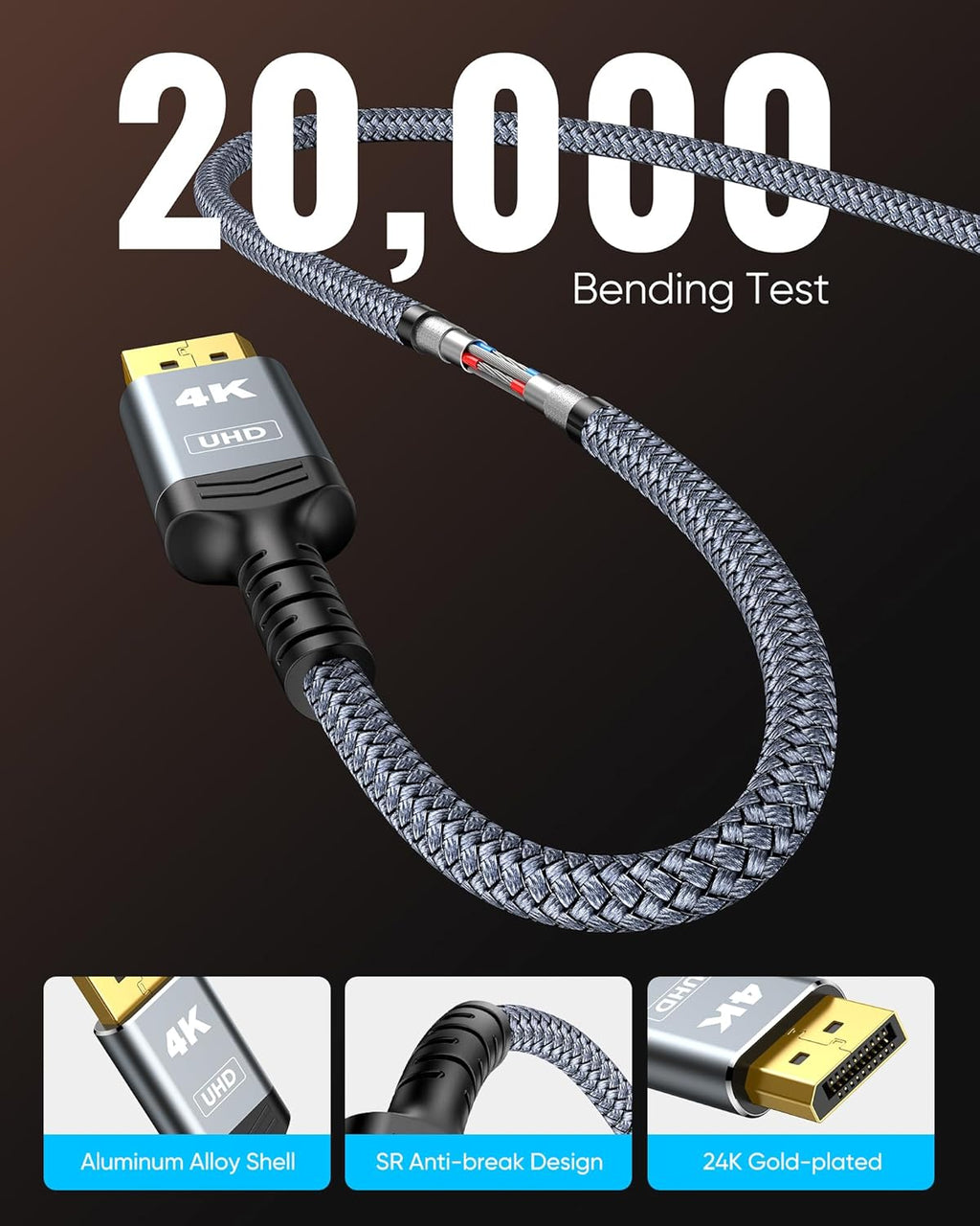 Highwings 4K DisplayPort to HDMI, Uni-Directional Only, 6.6ft DP (Source) to HDMI (Display) 1.4 Cable, 4K@30Hz, 2K@60Hz, 1080P Full HD, Braided Cord for Dell, NVIDIA, AMD, Monitor, Projector (Grey)