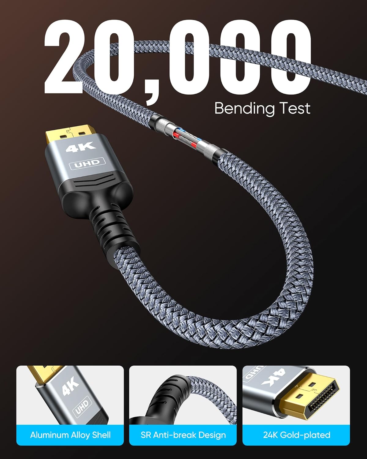 Highwings 4K DisplayPort to HDMI, Uni-Directional Only, 6.6ft DP (Source) to HDMI (Display) 1.4 Cable, 4K@30Hz, 2K@60Hz, 1080P Full HD, Braided Cord for Dell, NVIDIA, AMD, Monitor, Projector (Grey)