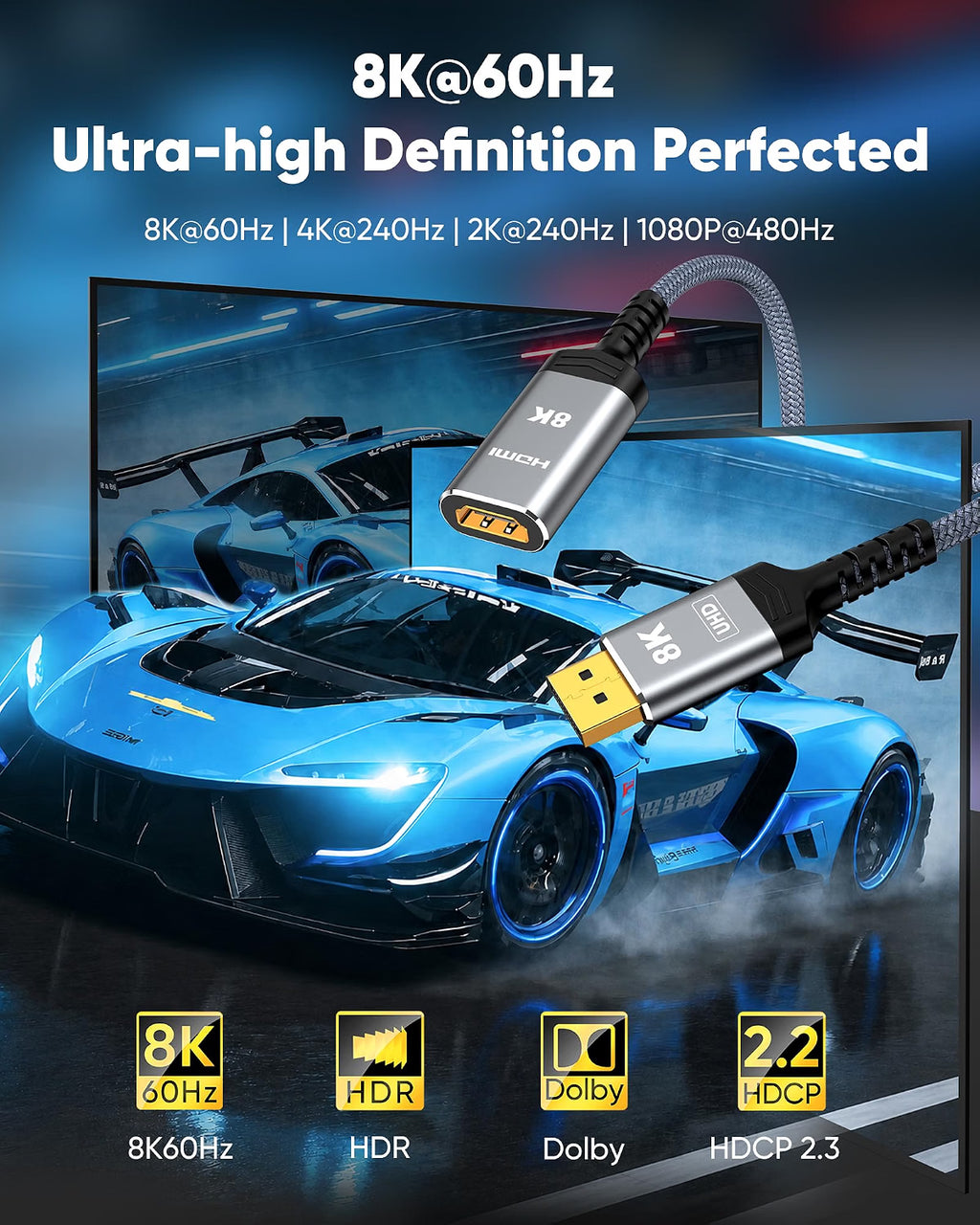 Highwings 8K@60Hz Active DisplayPort to HDMI Adapter, Uni-Directional 4K@240Hz DP 1.4 to HDMI 2.1 Adapter Male to Female HDCP 2.3 Video Converter Aluminum for AMD/NVIDIA, Monitor, TV, Projector