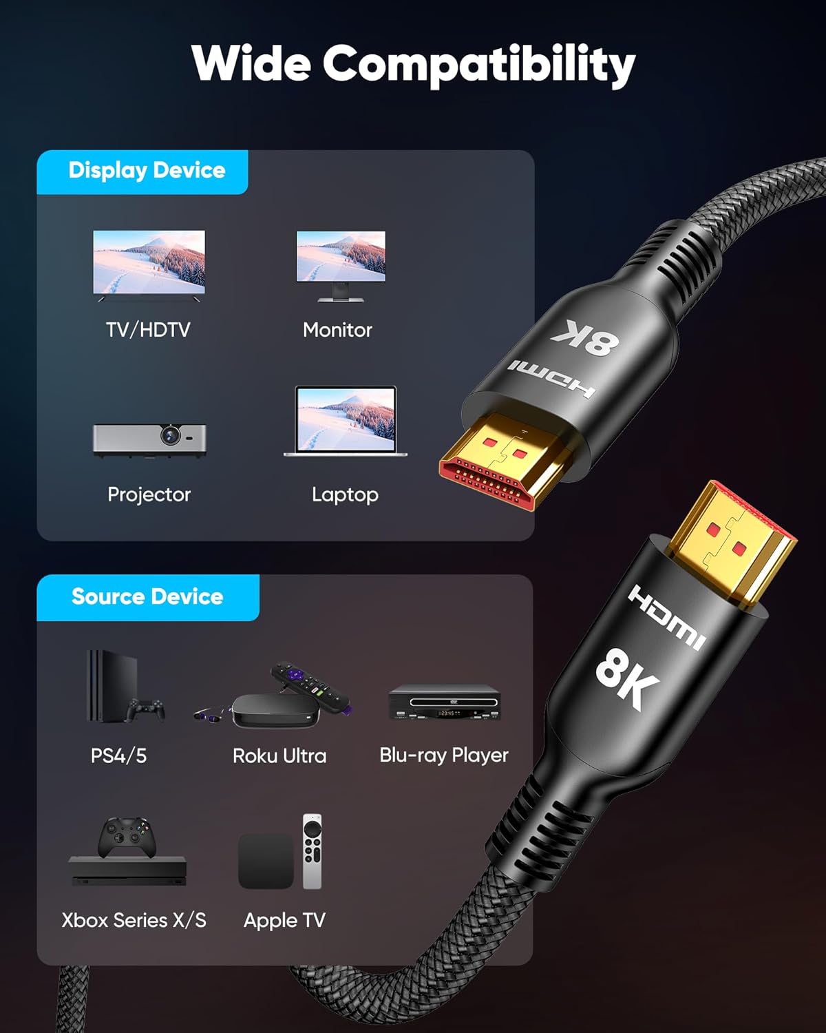 Highwings Long HDMI Cable 20 FT, 10K 8K 4K Ultra HD High Speed 2.1 HDMI Cable 48Gbps Braided Cord-4K@120Hz 8K@60Hz, DTS:X, HDCP 2.2&2.3, Dynamic HDR 10 Compatible with Roku TV/PS5/HDTV/Blu-ray